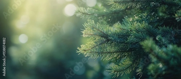 Fototapeta Serene close-up of a lush green spruce branch with vibrant needles and soft sunlight creating a tranquil outdoor atmosphere.
