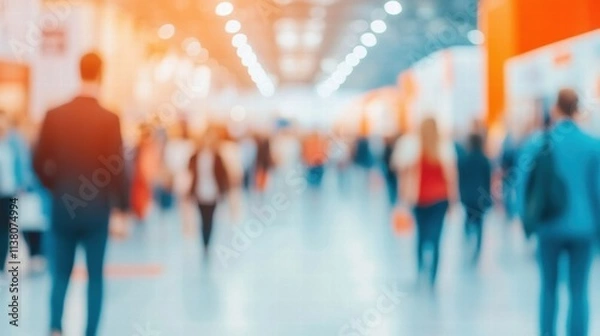 Fototapeta Blurry background of a busy expo hall filled with people exploring exhibits and networking during an event.