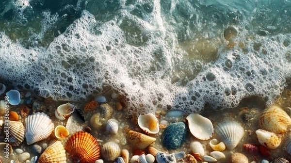 Obraz Seashells and colorful stones on sandy beach with gentle waves creating a serene summer coastal atmosphere and natural beauty.