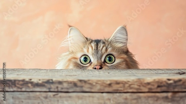 Fototapeta A curious cat peeking over a wooden surface against a soft pastel background.