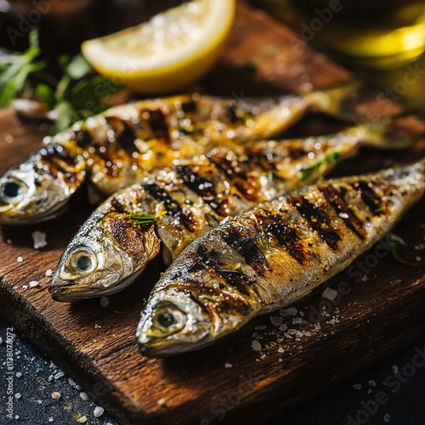 Obraz Grilled sardines served on wooden board with lemon and herbs, showcasing delicious meal. fish are perfectly cooked, highlighting their smoky flavor and appealing presentation