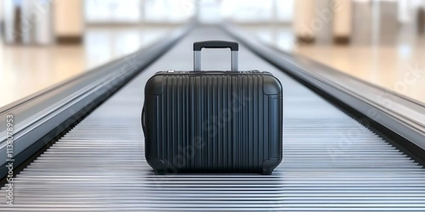 Obraz Conveyor belts airports security screening concept. A sleek black suitcase on a conveyor belt in an airport, showcasing a modern travel aesthetic.