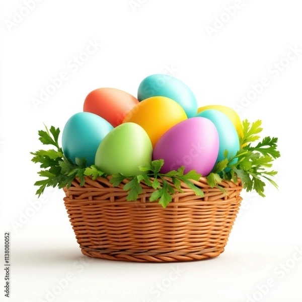 Fototapeta Colorful easter eggs in rustic wicker basket celebrating spring home decor bright and cheerful environment, isolated on white background