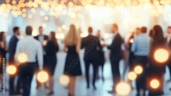 Fototapeta A blurred image of a social gathering with professional attire and warm lights creating a festive atmosphere.
