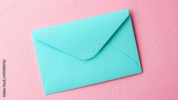 Fototapeta A teal envelope on a pink background, ideal for greetings, invitations, or special occasions.