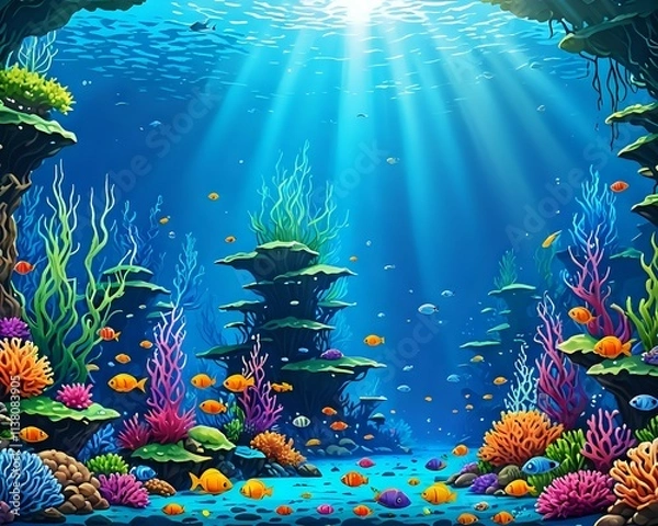 Fototapeta Seabed landscape. Underwater sea ecosystem, marine aquarium bottom with seaweed algae stone fish ocean fauna panorama seafloor under water world scene ingenious vector illustration
