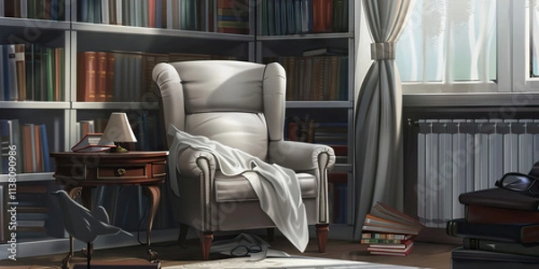 Fototapeta Library Corner with Armchair, Bookshelves, and Books