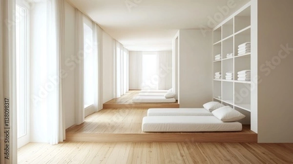 Fototapeta Bright minimalist interior with wooden floors, built-in white daybeds, and open shelves displaying neatly arranged linens