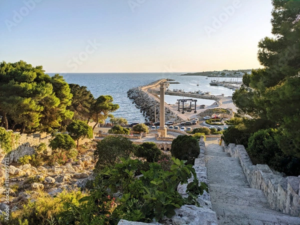 Obraz Littoral of Santa Maria di Leuca with the monumental staircase (Cascata Monumentale begun in 1906), part of the Apulian aqueduct with a Roman column, Lecce, Puglia (Apulia), Italy.