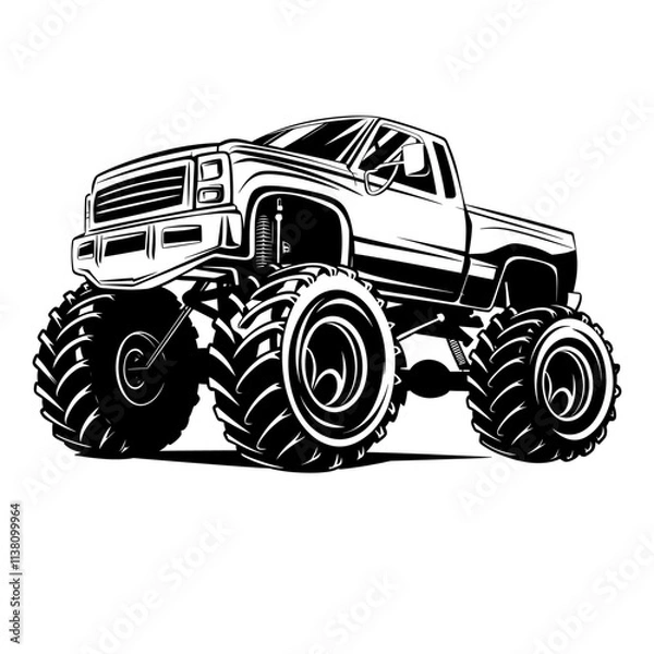 Obraz Monster truck with large wheels and elevated suspension, showcasing its rugged design and powerful presence. Monster Truck Vector Graphics Vector. Wheels Bigger Dreams Art Off Road in Illustration