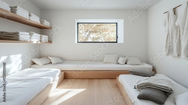 Fototapeta Modern minimalist room featuring white walls, light wooden floors, cozy built-in daybeds, and organized shelving with folded linens.