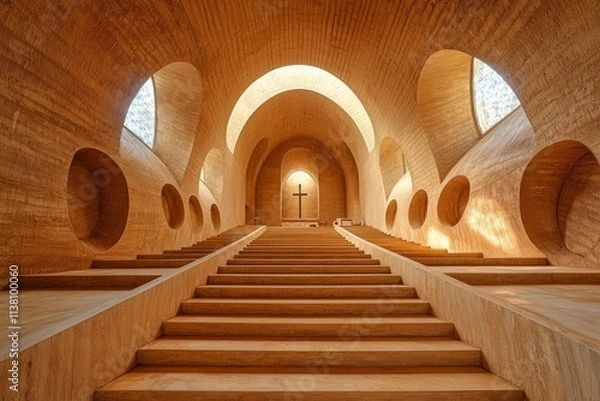 Fototapeta The interior of the modernist church is made from rammed earth walls with arched windows. A long staircase in front leads to an altar that is lit up by natural light