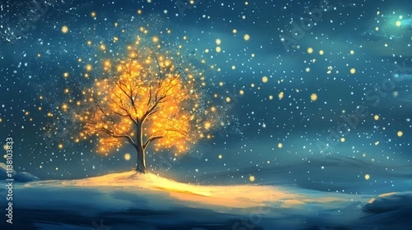 Fototapeta Christmas night scene with a glowing tree, snowflakes falling gently 