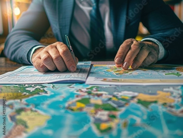 Obraz Businessman analyzing the impact of trade tariff policies on import/export operations, using financial reports and a world map to assess the effects of new regulations and duties on global commerce