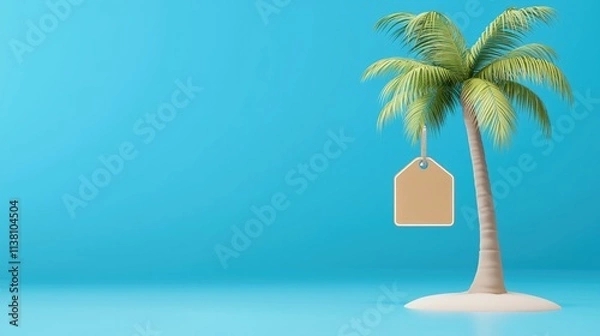 Obraz Summer sale concept. A palm tree with a blank tag stands on a serene beach under a bright blue sky.