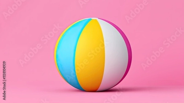 Fototapeta Summer sale concept. A colorful beach ball resting on a pink background, perfect for summer and playful themes.