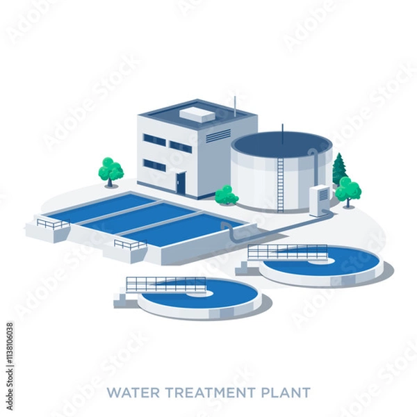 Fototapeta Waste water treatment plant with two circular filter tanks and reservoir storage. Wastewater filtration purification system facility. Environment ecology industry. Isolated vector illustration icon