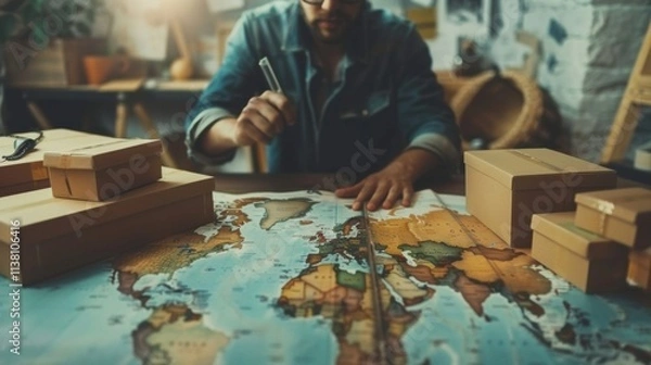 Obraz International trade tariff concept with businessman analyzing customs regulations, world map, and financial charts, showing the impact of global tariffs on imports, exports, and international business