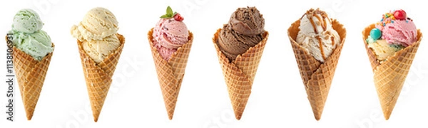 Fototapeta Set of various ice cream scoops in waffle cones isolated on transparent white background