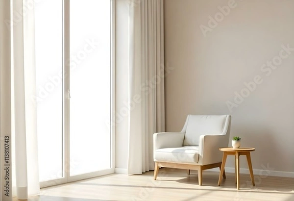 Fototapeta A minimalist living room with a white armchair, a wooden side table, and a large window with sheer curtains letting in natural light