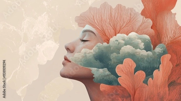 Obraz Woman's profile blended with clouds and nature elements