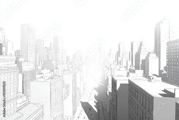 Fototapeta White background, simple vector illustration of a cityscape with buildings and roads, in grayscale with sharp lines, featuring white space 