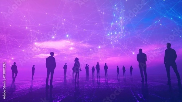 Fototapeta Silhouettes of people under a glowing purple digital network sky