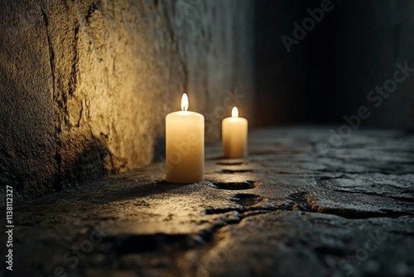 Obraz A gothic depiction of footprints in a dimly lit corridor, with candles flickering and a faint glow leading into the darkness