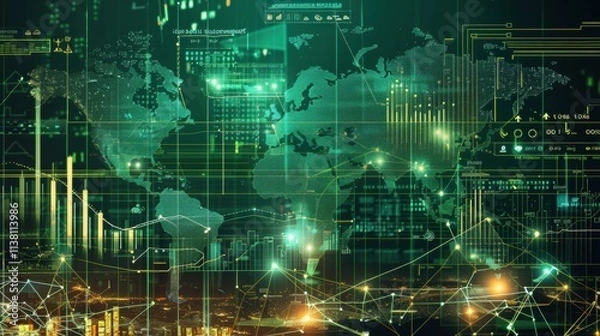 Obraz Impact of trade tariffs on global markets, showing customs regulations, world map, import/export goods, and financial analysis, illustrating how new duties and taxes affect international trade and com