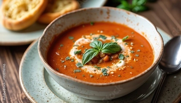 Fototapeta A Bowl Of Creamy Tomato Soup With A Side Of Garlic Bread