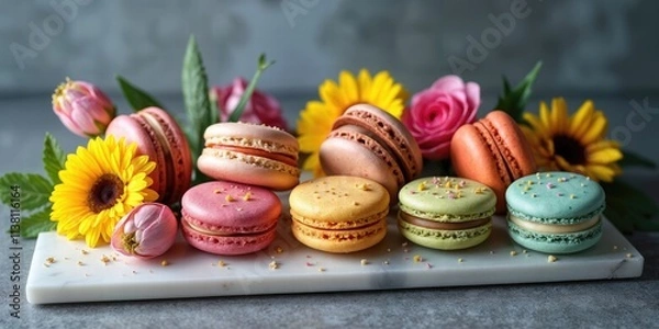Fototapeta Colorful Macarons Arranged On A Marble Slab With Floral Accents