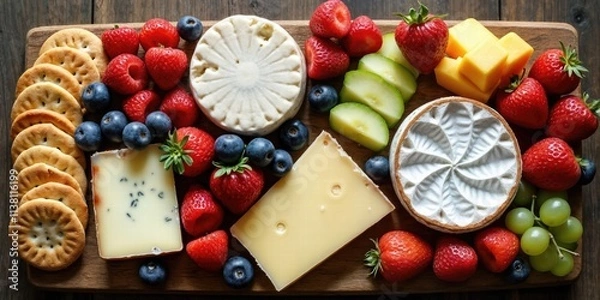 Fototapeta A Rustic Cheese Platter Featuring Artisanal Cheeses, Fresh Fruits, And Crackers