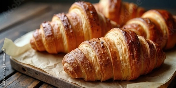 Fototapeta Golden Croissants Freshly Baked On A Rustic Wooden Table