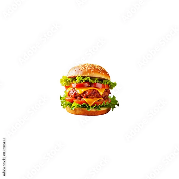 Fototapeta A huge double cheeseburger slices of juicy red tomato fresh sesame seeds setup in the isolate on transparent background