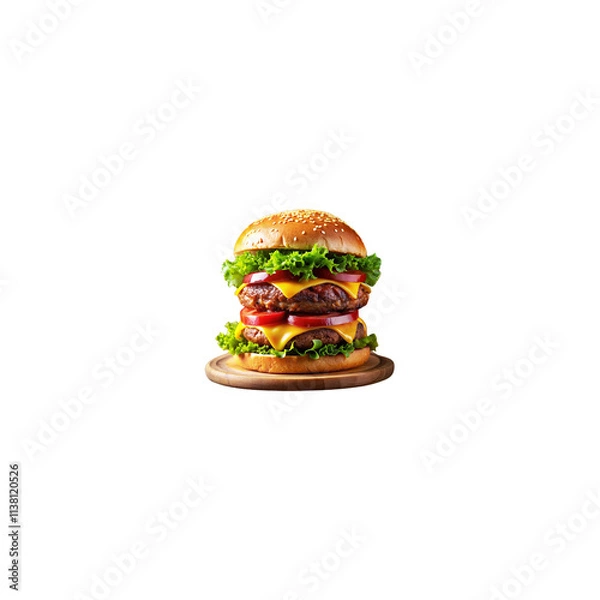 Fototapeta A huge double cheeseburger slices of juicy red tomato fresh sesame seeds setup in the isolate on transparent background