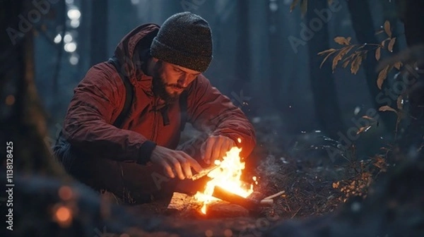 Fototapeta A man in a forest carefully building a campfire, surrounded by trees and glowing flames, symbolizing survival, adventure, and outdoor wilderness life