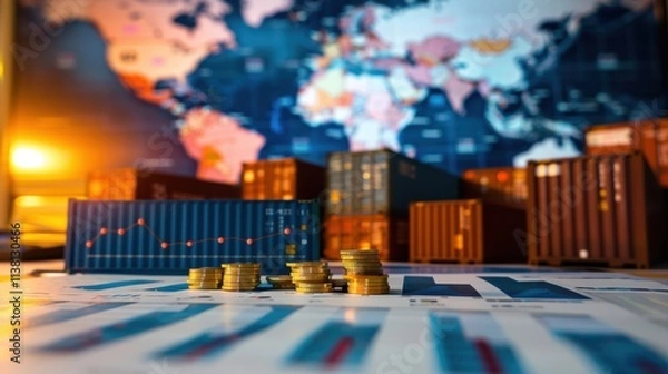 Obraz Analysis of global trade tariffs with documents, financial charts, and world map, illustrating the impact of customs duties and new regulations on international commerce and market conditions 