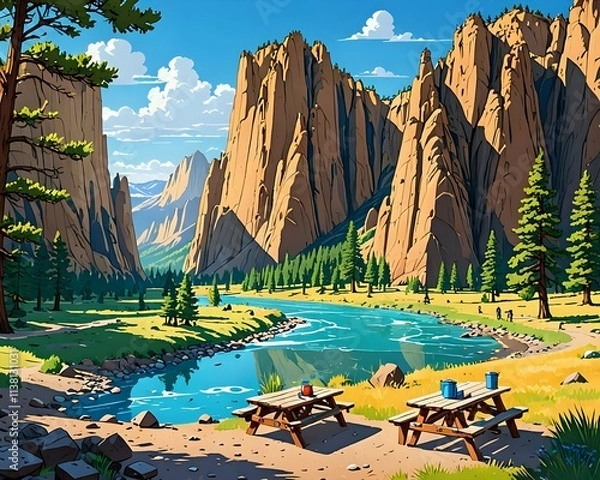 Fototapeta Smith Rock State Park located in central Oregon's High Desert near Redmond and Terrebonne, popular spot for rock climbing and hiking with river trail and picnic tables