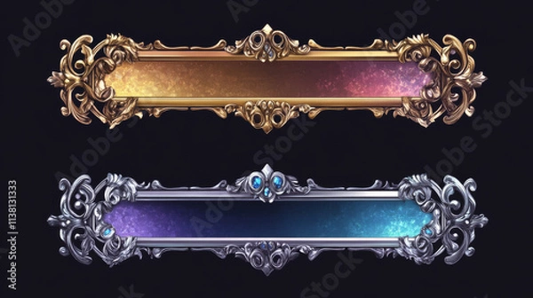 Fototapeta Silver and golden vintage game frames, ui medieval borders of gold or steel metal with gems. Cartoon empty metallic bordering with gemstones, isolated design gui elements, Vector illustration, set