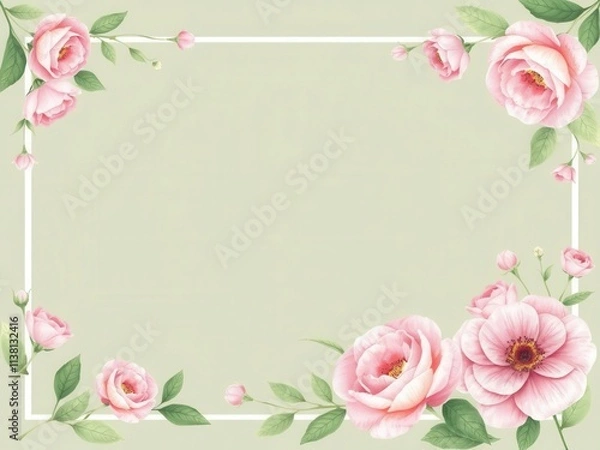 Fototapeta Decorative frame made of rose flowers and leaves, perfect for romantic or botanical designs, delicate, wedding