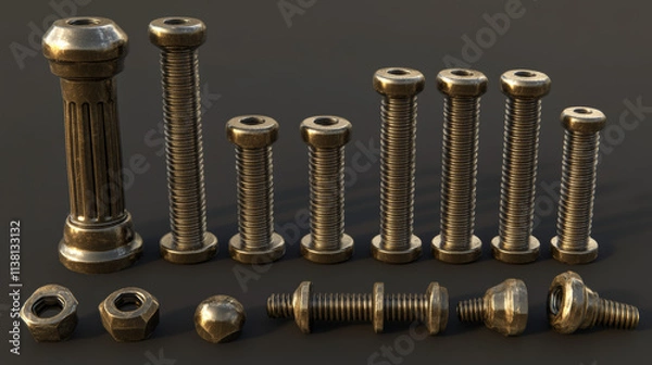 Obraz Creative vector illustration of steel brass bolts, metal screws, iron nails, rivets, washers, nuts hardware side view isolated on transparent background.