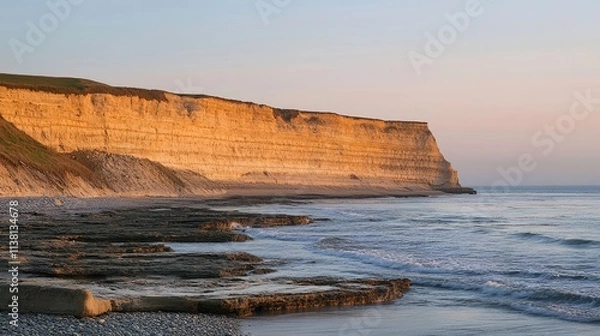 Fototapeta Serene Sunset Over Rocky Coastal Cliffs and Tranquil Ocean Waves