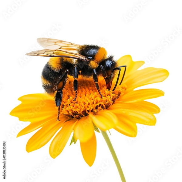 Fototapeta A bee pollinating a flower, displayed on a transparent background, ideal for nature-themed designs, educational materials on pollination, or ecological awareness campaigns.