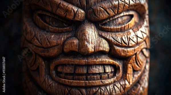 Fototapeta a carved wooden tiki face with a dark background