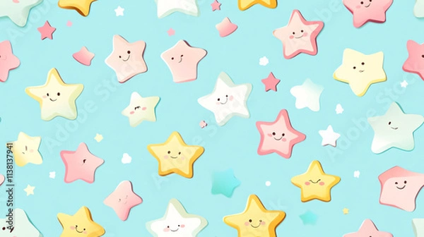 Fototapeta A seamless wrapping paper design featuring colorful, simple star-shaped characters on a soft blue background. Perfect for children’s themes, gift wrapping, or playful and cheerful designs