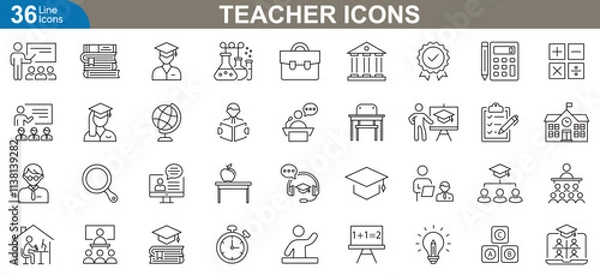 Fototapeta Teacher icons set. Classroom, lesson planning, desk, student, assessment, educational technology and more. Thin line icon set vector illustration.