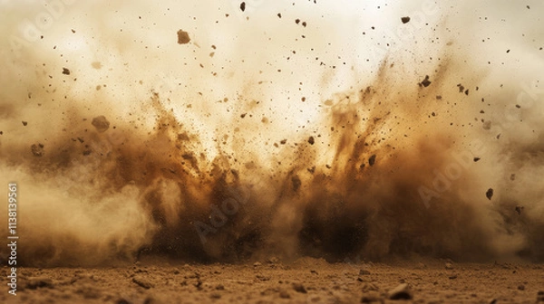 Fototapeta Sand explosion with dirt and cloud smoke vector. Isolated storm effect in desert on transparent background. Brown sandstorm splash with wind texture. Dirty ground abstract spread with flying particles