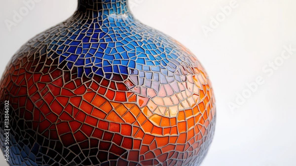 Fototapeta An ornate decorative vase, inspired by mosaic tiles, multicolored geometric shapes blending orange, emerald, and deep blue hues, polished ceramic surface with detailed engraving lines, artistically st