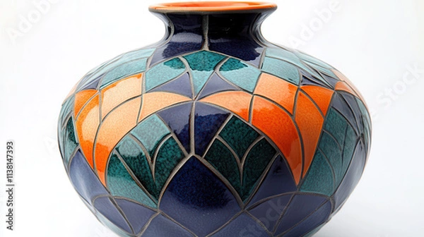 Fototapeta An ornate decorative vase, inspired by mosaic tiles, multicolored geometric shapes blending orange, emerald, and deep blue hues, polished ceramic surface with detailed engraving lines, artistically st