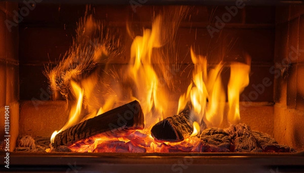 Fototapeta Bright Flames Illuminate a Burning Fire in a Fireplace and Copy Space